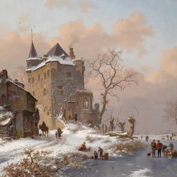 Jigsaw puzzle: Skaters near the castle on a winter day