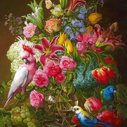 Jigsaw puzzle: Parrots and flowers