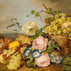 Jigsaw puzzle: Still life with flowers and fruits in a landscape