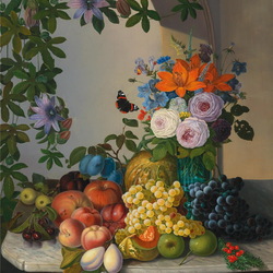 Jigsaw puzzle: Still life with bouquet and fruit