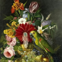 Jigsaw puzzle: Still life with flowers and a parrot