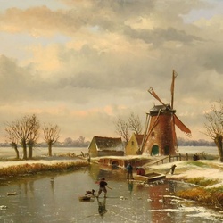 Jigsaw puzzle: Winter landscape with a mill
