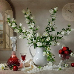Jigsaw puzzle: Still life with white bells, fruit and wine
