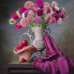 Jigsaw puzzle: Still life with a bouquet of asters and a Japanese plum