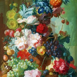 Jigsaw puzzle: Fruits and flowers in a terracotta vase