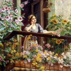 Jigsaw puzzle: Girl on a blooming balcony