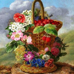 Jigsaw puzzle: Still life with a basket of flowers on a stone