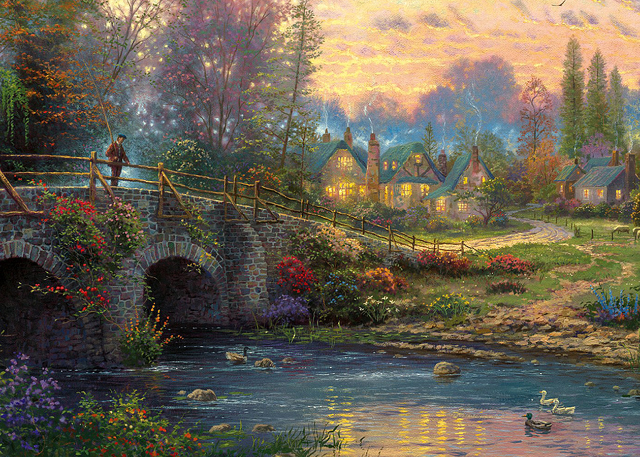 Картина 50 на 50. Томас Кинкейд - Брусчатый мост. Картина на холсте. Сказочный мост. Пейзажи старинный мост.