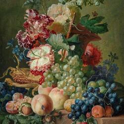 Jigsaw puzzle: Still life of flowers and fruits on a stone ledge