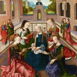 Jigsaw puzzle: Maria met kind met de heiligen Catharina, Cecilia, Barbara en Ursula