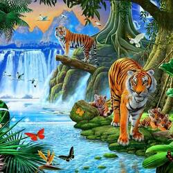 Jigsaw puzzle: Tigers at the waterfall