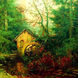 Jigsaw puzzle: Forest landscape with water mill