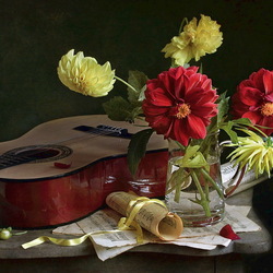 Jigsaw puzzle: Still life with dahlias and a guitar