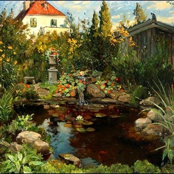 Jigsaw puzzle: Garden with a small pond near the house