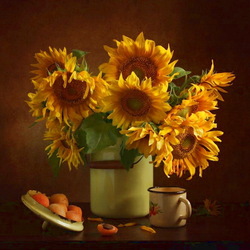 Jigsaw puzzle: Still life with sunflowers and apricots