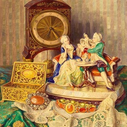 Jigsaw puzzle: Still life with a clock, a box and a figurine