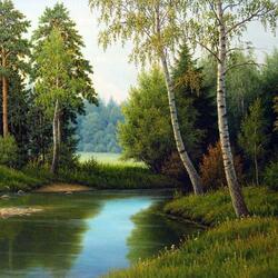 Jigsaw puzzle: Birch trees by the stream
