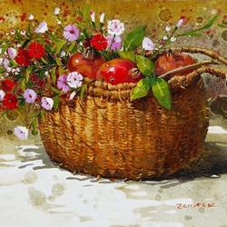 Jigsaw puzzle: Basket with wildflowers and fruits