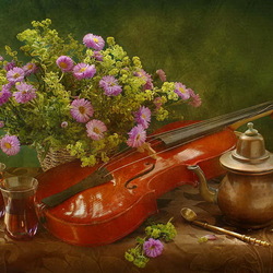 Jigsaw puzzle: Tea, violin and flowers