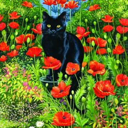 Jigsaw puzzle: Black cat in poppies