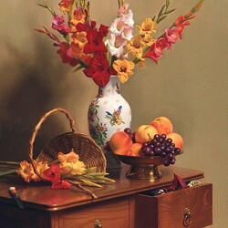 Jigsaw puzzle: A bouquet of gladioli standing on a dresser