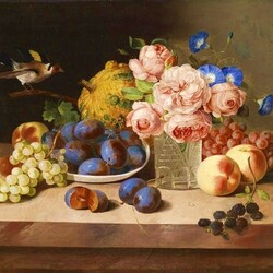 Jigsaw puzzle: Still life with flowers, fruits and a bird