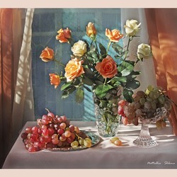 Jigsaw puzzle: Still life with roses and grapes on the morning table