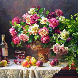 Jigsaw puzzle: Roses wine and fruits