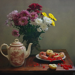Jigsaw puzzle: Still life with chrysanthemums and fruits