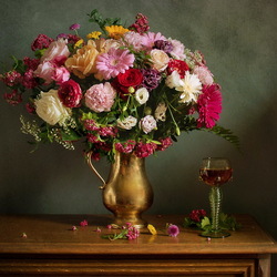 Jigsaw puzzle: Bouquet of flowers and a glass of wine