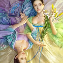 Jigsaw puzzle: Girls with a fan and lilies