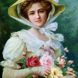 Jigsaw puzzle: Elegant lady with a bouquet of roses
