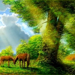 Jigsaw puzzle: Horses by the oak
