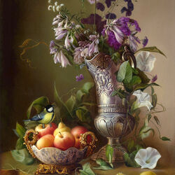 Jigsaw puzzle: Vases with flowers and fruits