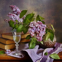 Jigsaw puzzle: Lilac branch and glass of wine