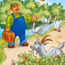 Jigsaw puzzle: Geese, goat and farmer