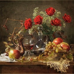 Jigsaw puzzle: Roses, ripe fruits and wine