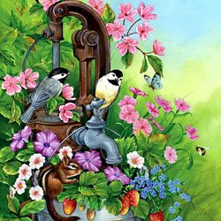 Jigsaw puzzle: Birds and a chipmunk in flowers
