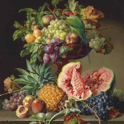 Jigsaw puzzle: Fruit bowl and parrot