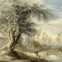 Jigsaw puzzle: Winter landscape with lumberjack and travelers