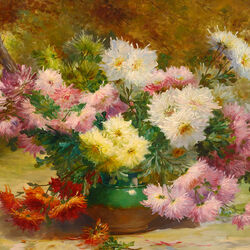 Jigsaw puzzle: Vase of chrysanthemums in the garden