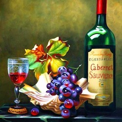 Jigsaw puzzle: Still life with wine, shell and grapes