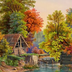 Jigsaw puzzle: Autumn sketch with a dam