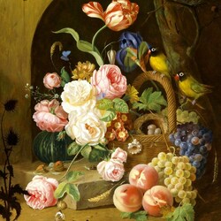 Jigsaw puzzle: Bouquet with grapes and parrots