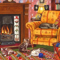 Jigsaw puzzle: Cats by the fireplace