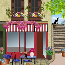 Jigsaw puzzle: Black cat on the terrace of the cafe