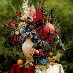 Jigsaw puzzle: Bouquet in a vase and fruits