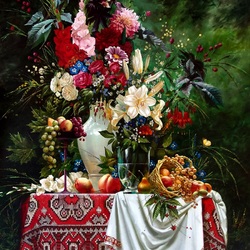 Jigsaw puzzle: Bouquet of flowers and fruit basket