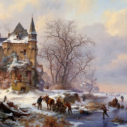 Jigsaw puzzle: Winter landscape with a cart