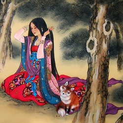 Jigsaw puzzle: Silk paintings. Girl with a fox